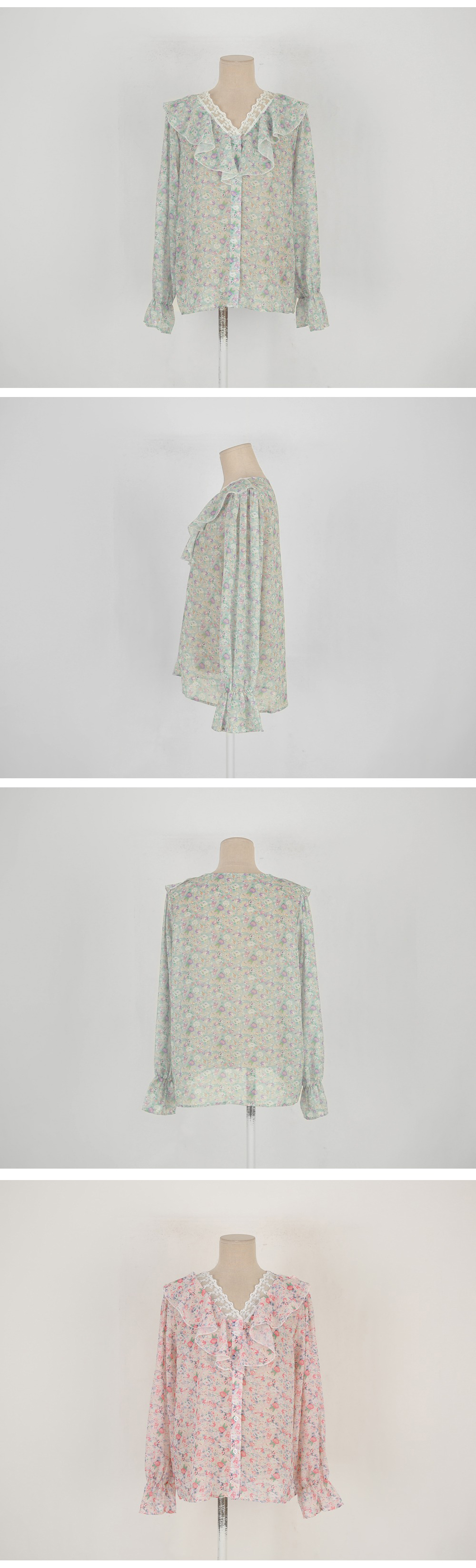 蕾絲荷葉領碎花襯衫,KOREA,354160,蕾絲荷葉領碎花襯衫,領500,999免運