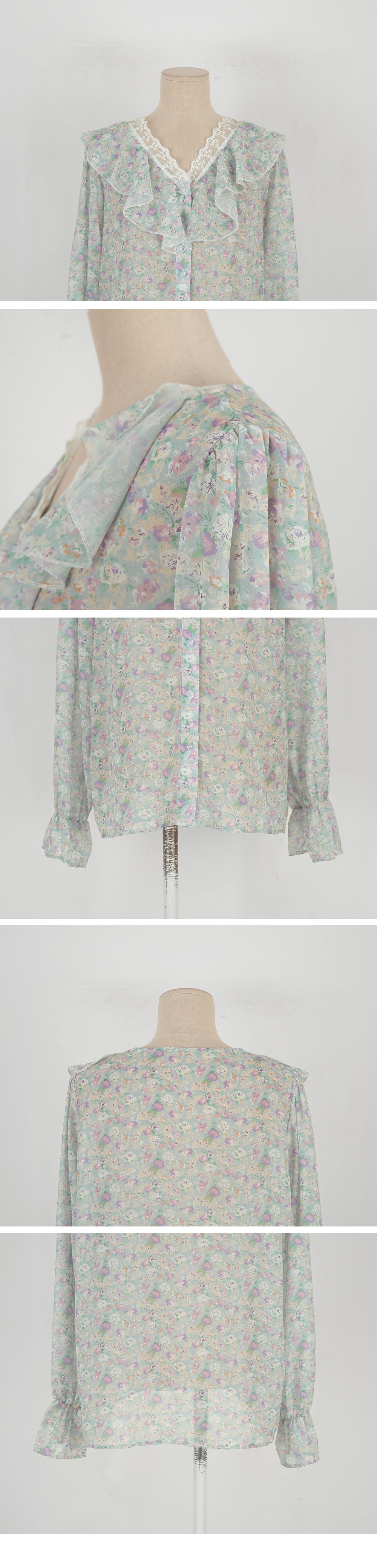 蕾絲荷葉領碎花襯衫,KOREA,354160,蕾絲荷葉領碎花襯衫,領500,999免運