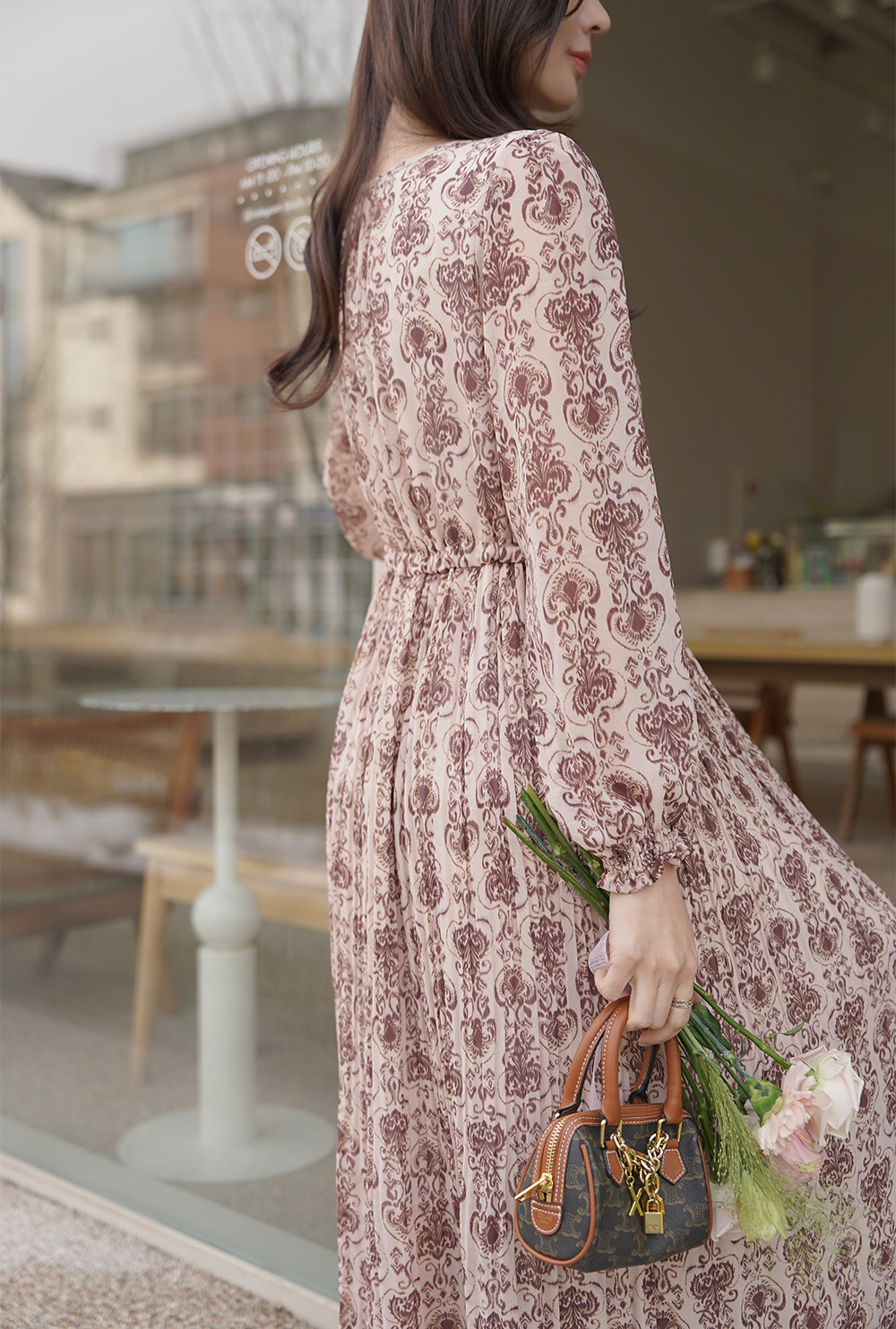 優雅復古印花圓領洋裝,KOREA,355129,優雅復古印花圓領洋裝,領500,999免運