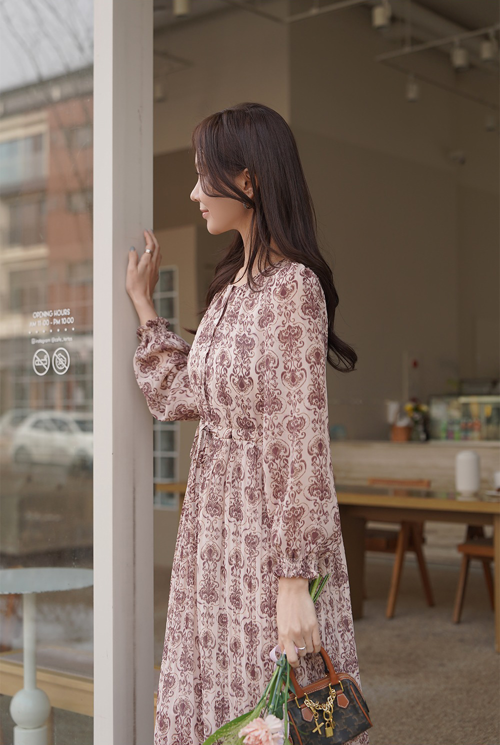 優雅復古印花圓領洋裝,KOREA,355129,優雅復古印花圓領洋裝,領500,999免運