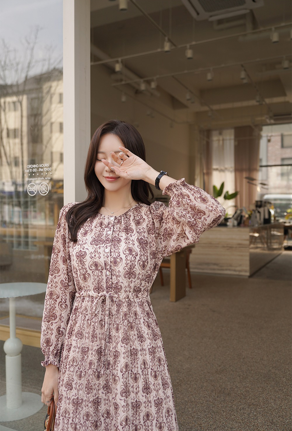 優雅復古印花圓領洋裝,KOREA,355129,優雅復古印花圓領洋裝,領500,999免運