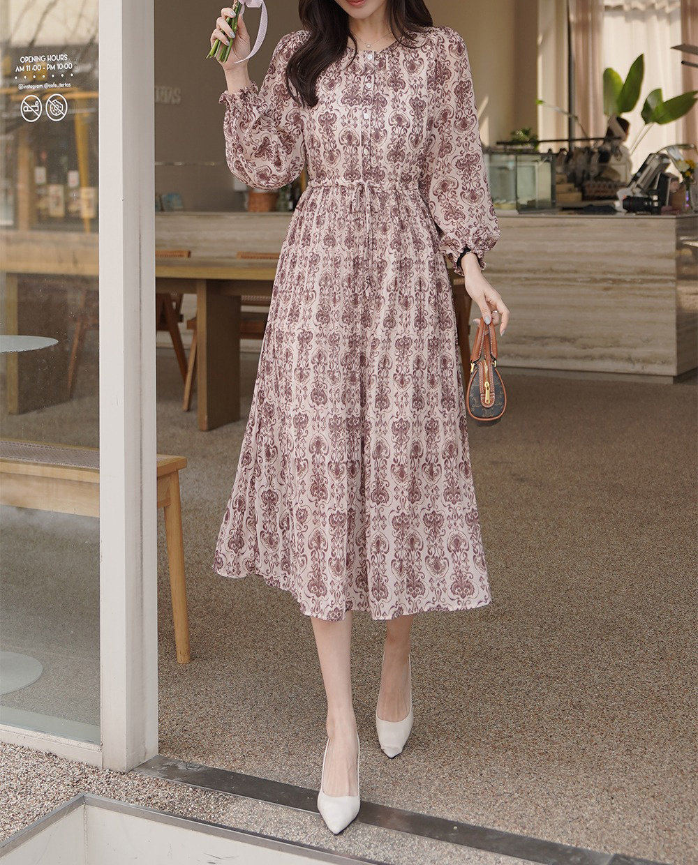 優雅復古印花圓領洋裝,KOREA,355129,優雅復古印花圓領洋裝,領500,999免運