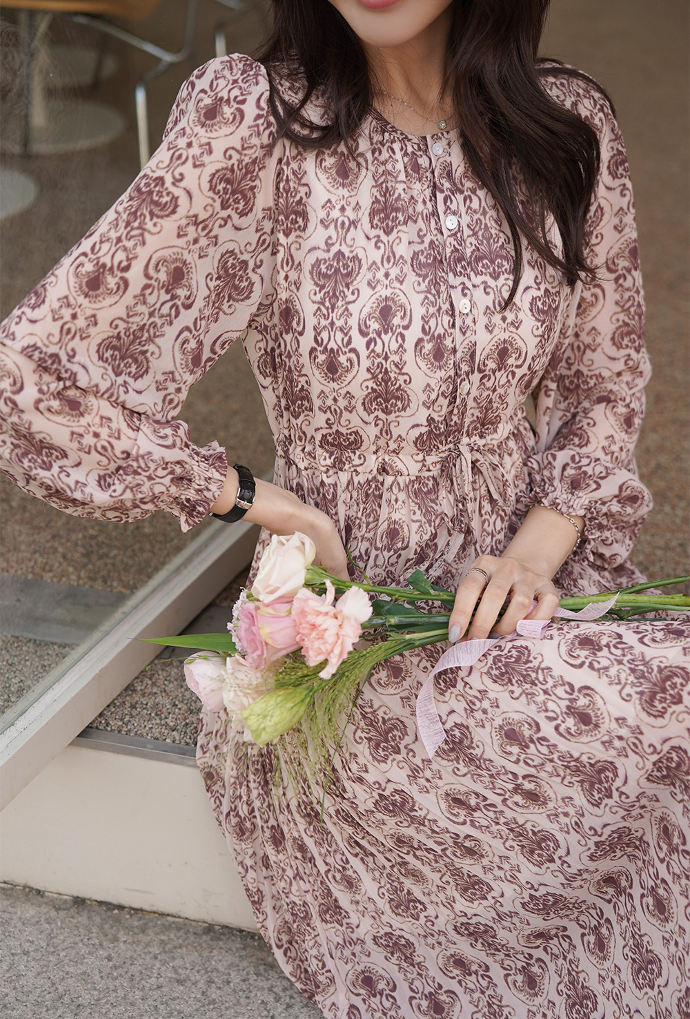 優雅復古印花圓領洋裝,KOREA,355129,優雅復古印花圓領洋裝,領500,999免運