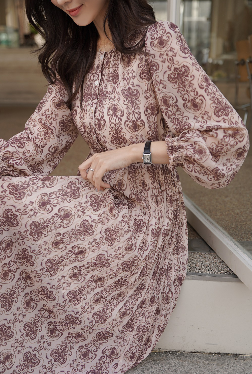 優雅復古印花圓領洋裝,KOREA,355129,優雅復古印花圓領洋裝,領500,999免運