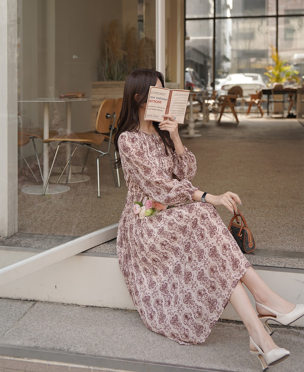 優雅復古印花圓領洋裝,KOREA,355129,優雅復古印花圓領洋裝,領500,999免運