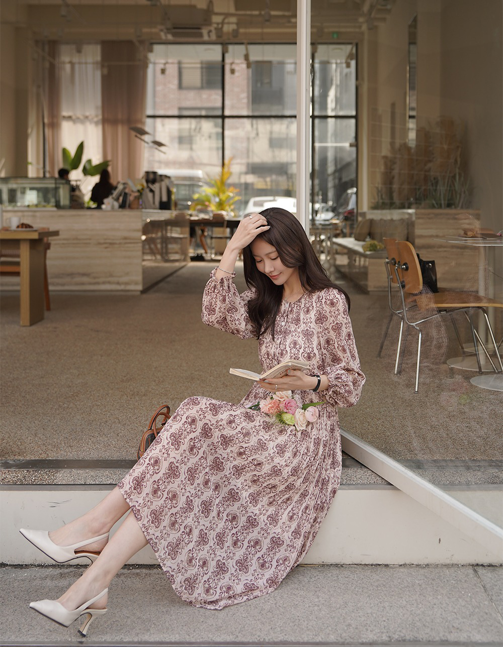 優雅復古印花圓領洋裝,KOREA,355129,優雅復古印花圓領洋裝,領500,999免運