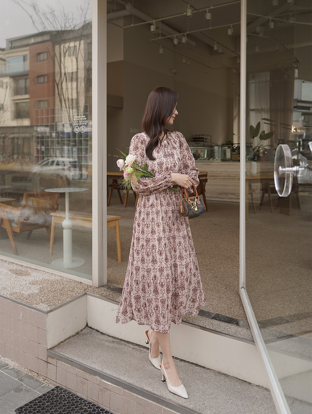 優雅復古印花圓領洋裝,KOREA,355129,優雅復古印花圓領洋裝,領500,999免運