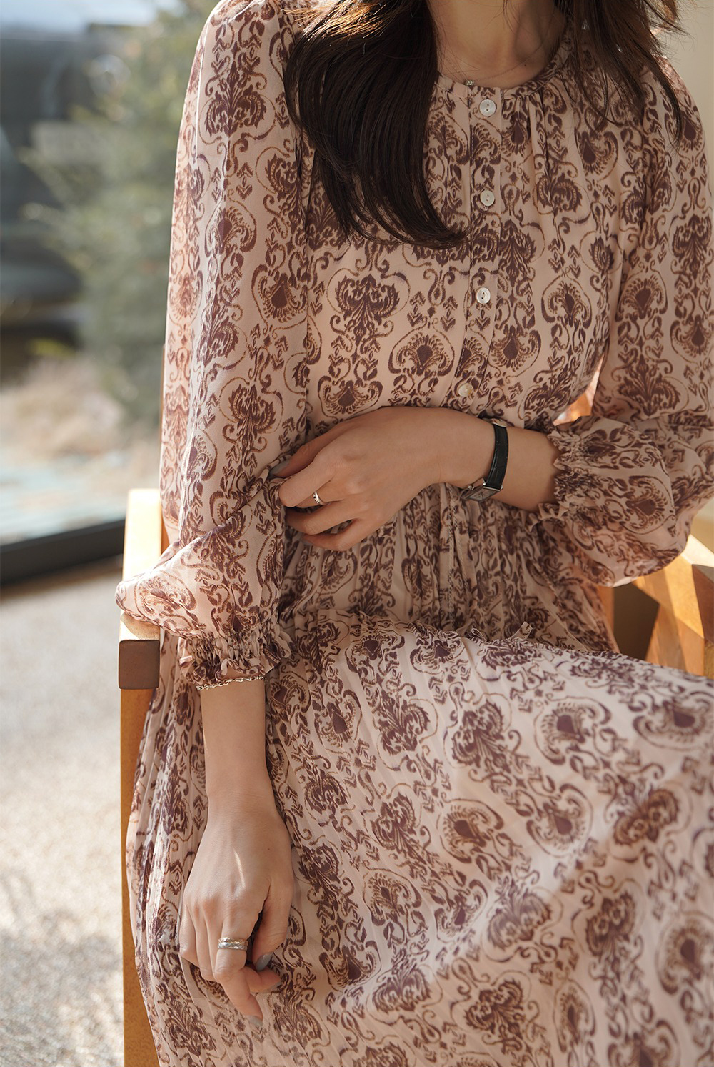 優雅復古印花圓領洋裝,KOREA,355129,優雅復古印花圓領洋裝,領500,999免運