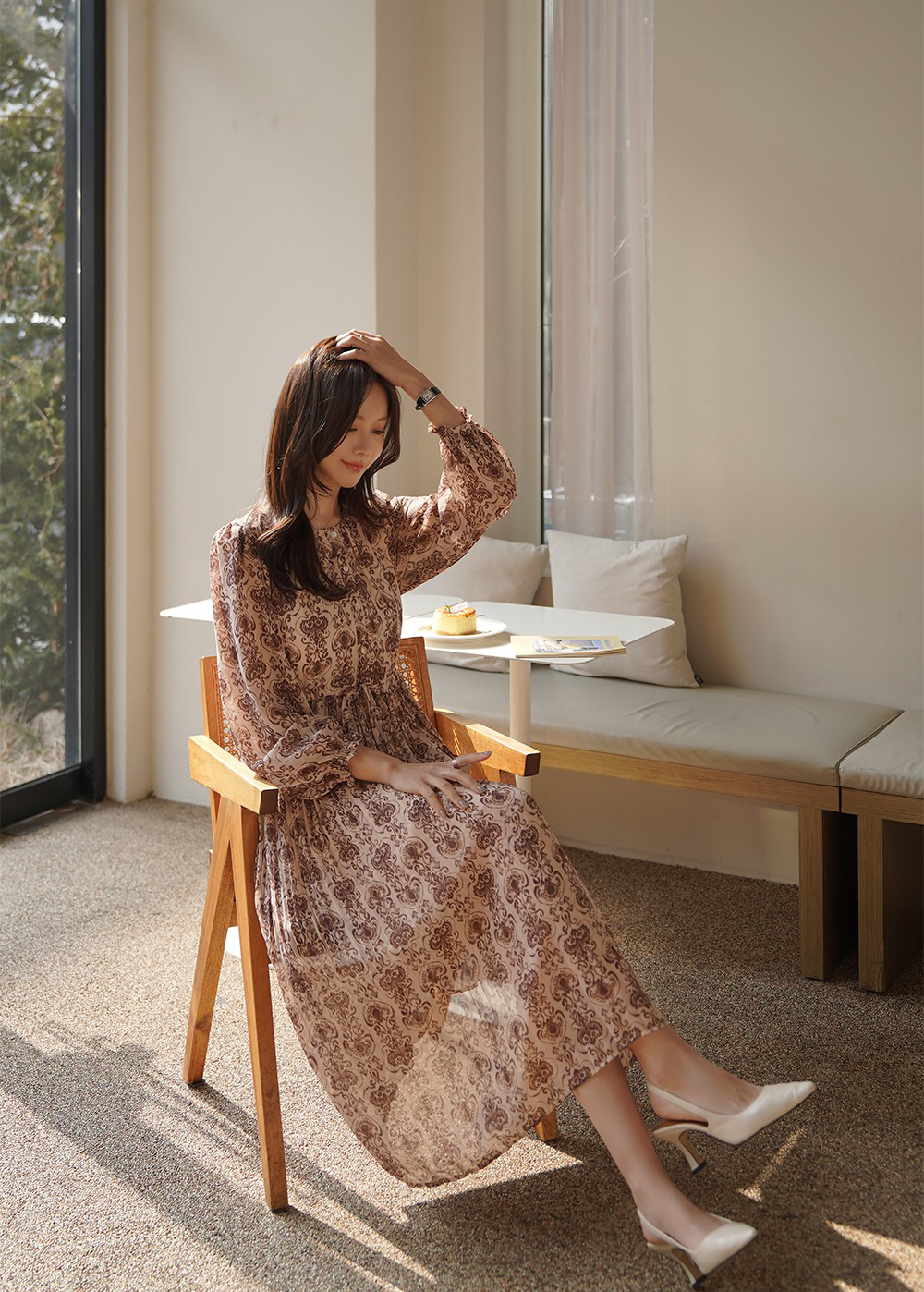 優雅復古印花圓領洋裝,KOREA,355129,優雅復古印花圓領洋裝,領500,999免運