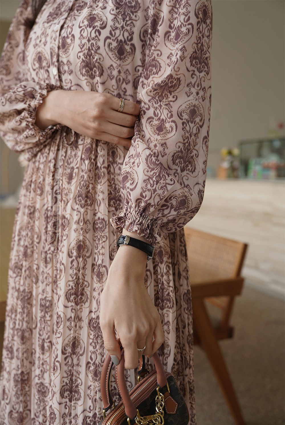 優雅復古印花圓領洋裝,KOREA,355129,優雅復古印花圓領洋裝,領500,999免運