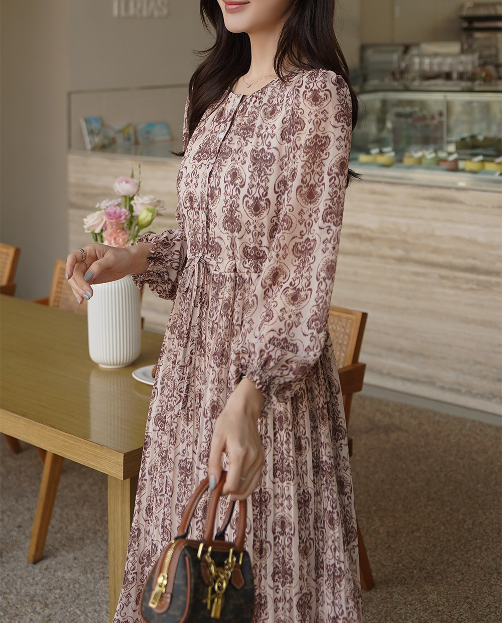 優雅復古印花圓領洋裝,KOREA,355129,優雅復古印花圓領洋裝,領500,999免運