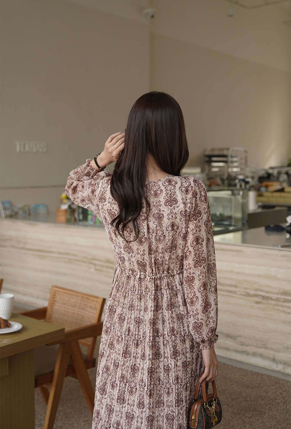 優雅復古印花圓領洋裝,KOREA,355129,優雅復古印花圓領洋裝,領500,999免運