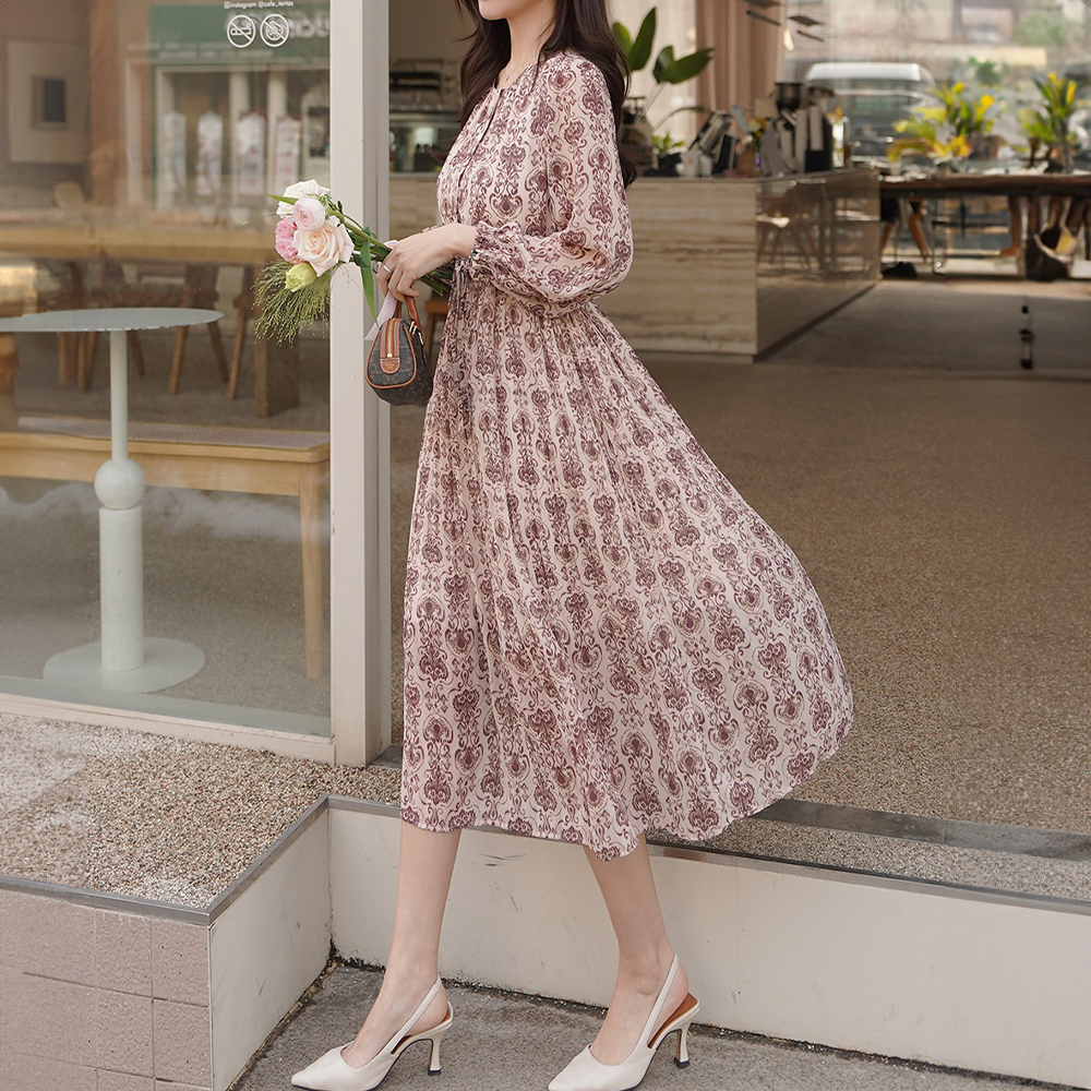 優雅復古印花圓領洋裝