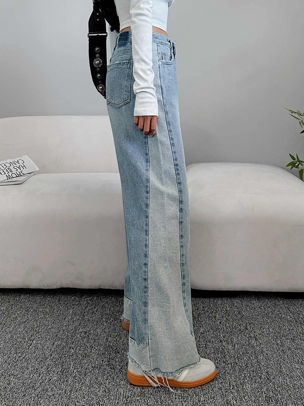 撞色拼接抽鬚牛仔褲,KOREA,355286,撞色拼接抽鬚牛仔褲,領500,999免運