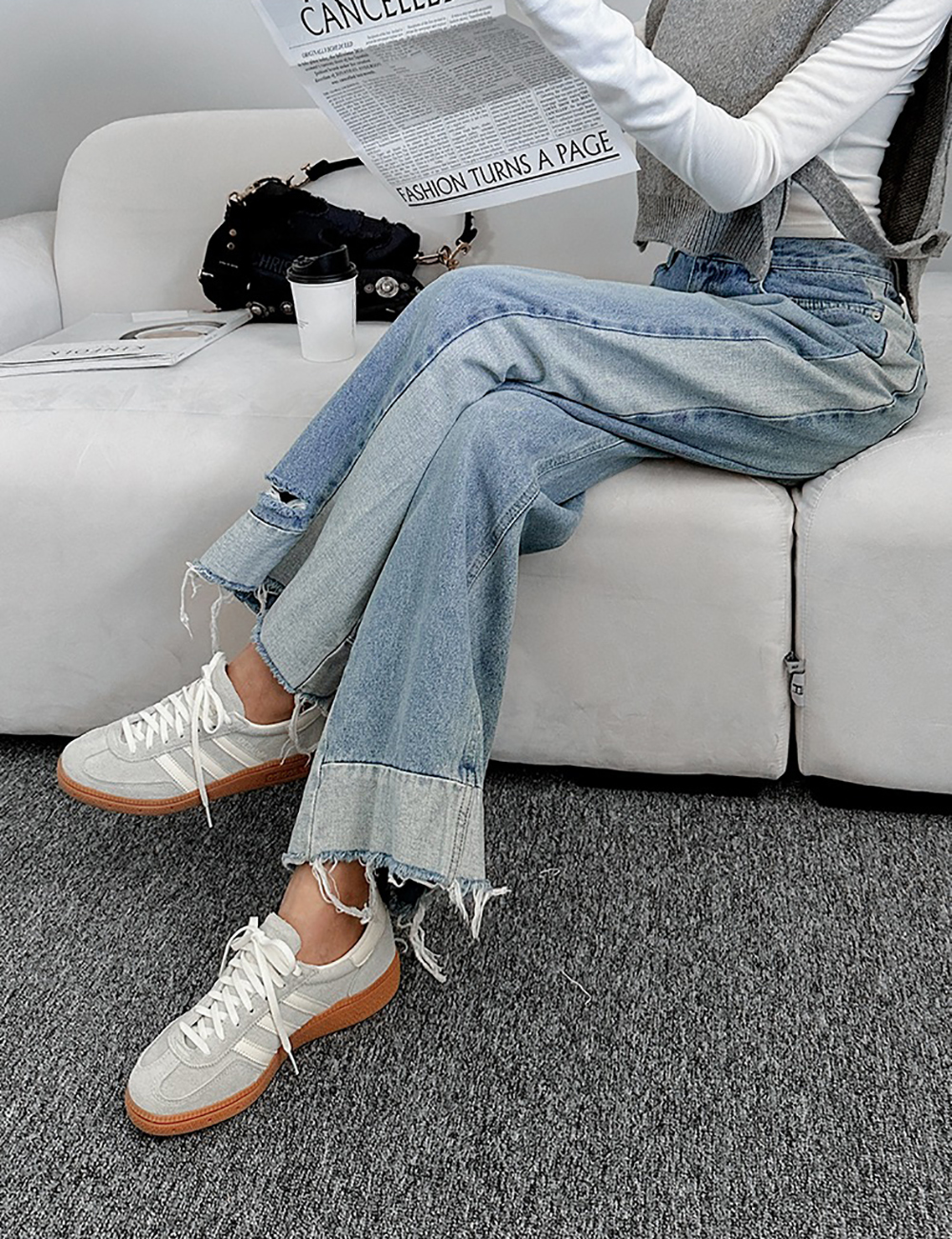 撞色拼接抽鬚牛仔褲,KOREA,355286,撞色拼接抽鬚牛仔褲,領500,999免運