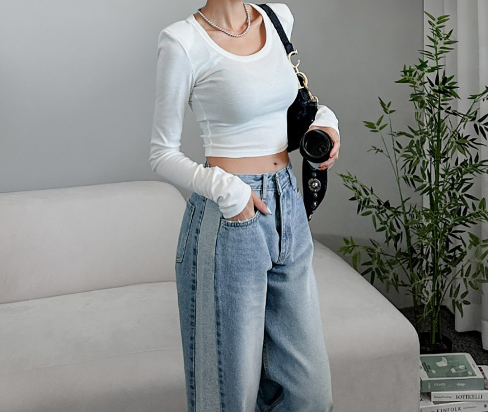 撞色拼接抽鬚牛仔褲,KOREA,355286,撞色拼接抽鬚牛仔褲,領500,999免運