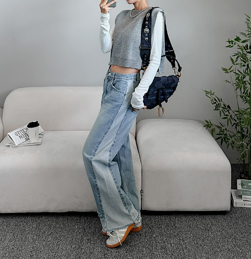 撞色拼接抽鬚牛仔褲,KOREA,355286,撞色拼接抽鬚牛仔褲,領500,999免運