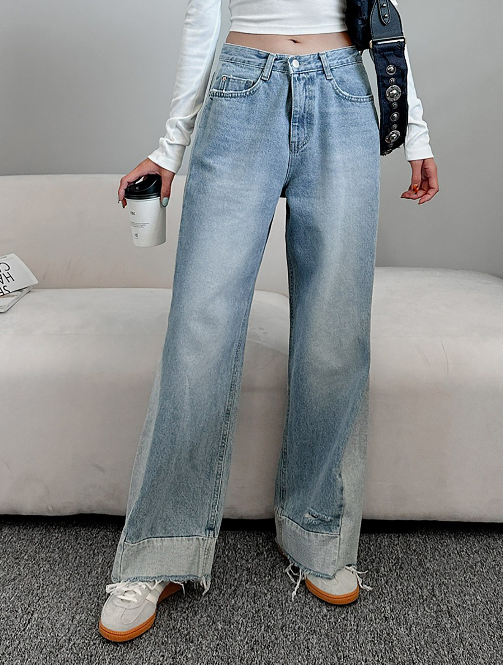 撞色拼接抽鬚牛仔褲,KOREA,355286,撞色拼接抽鬚牛仔褲,領500,999免運