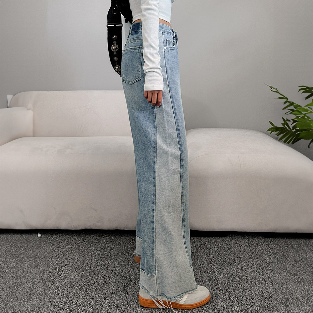 撞色拼接抽鬚牛仔褲