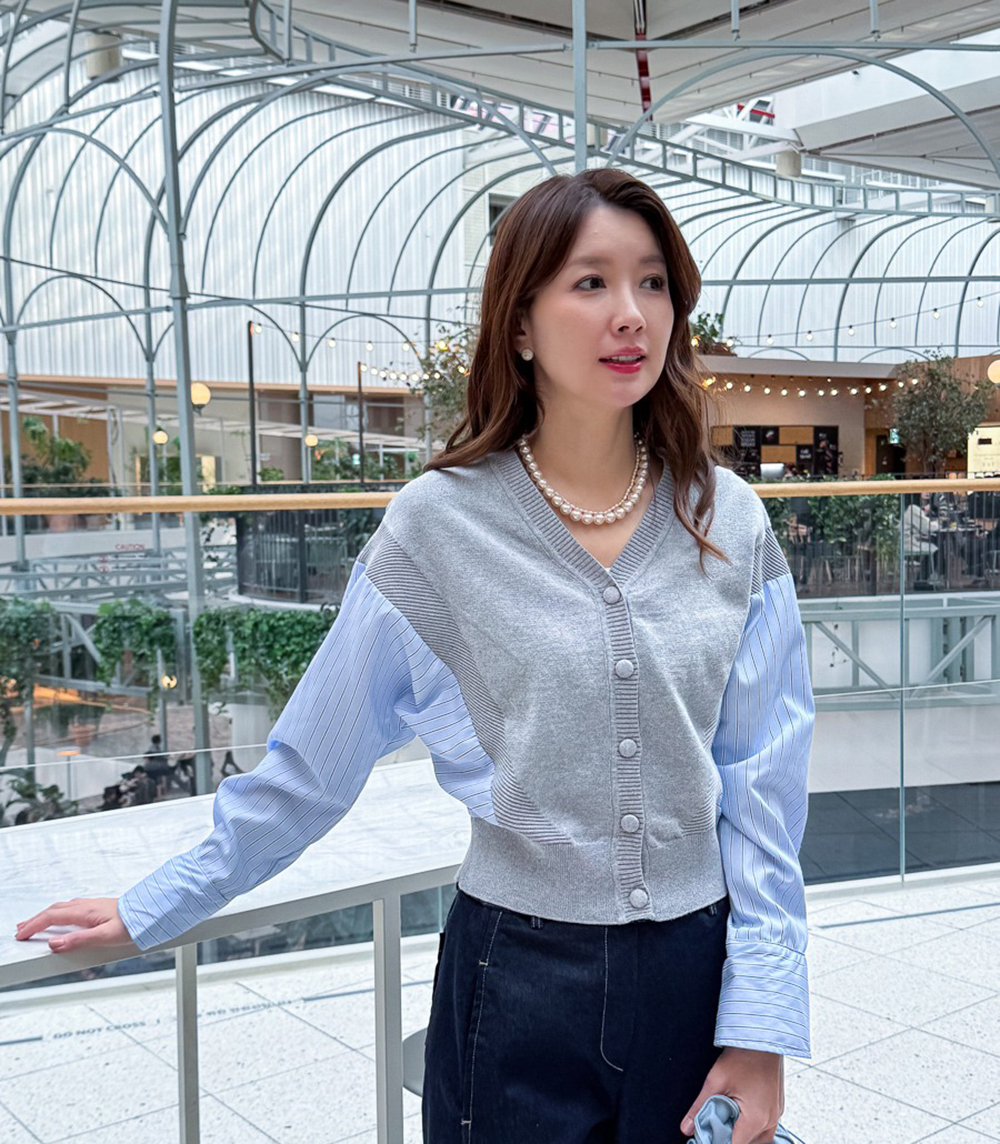 針織拼接設計開襟上衣,KOREA,355319,針織拼接設計開襟上衣,領500,999免運