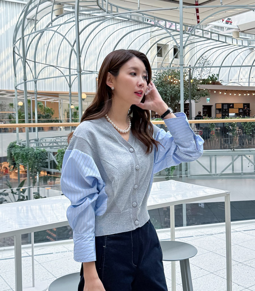 針織拼接設計開襟上衣,KOREA,355319,針織拼接設計開襟上衣,領500,999免運