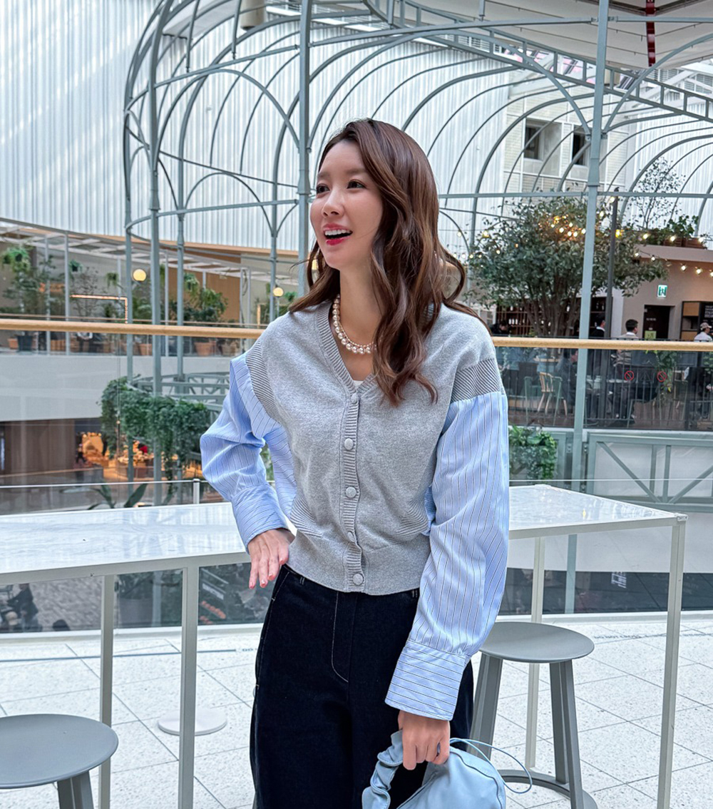 針織拼接設計開襟上衣,KOREA,355319,針織拼接設計開襟上衣,領500,999免運