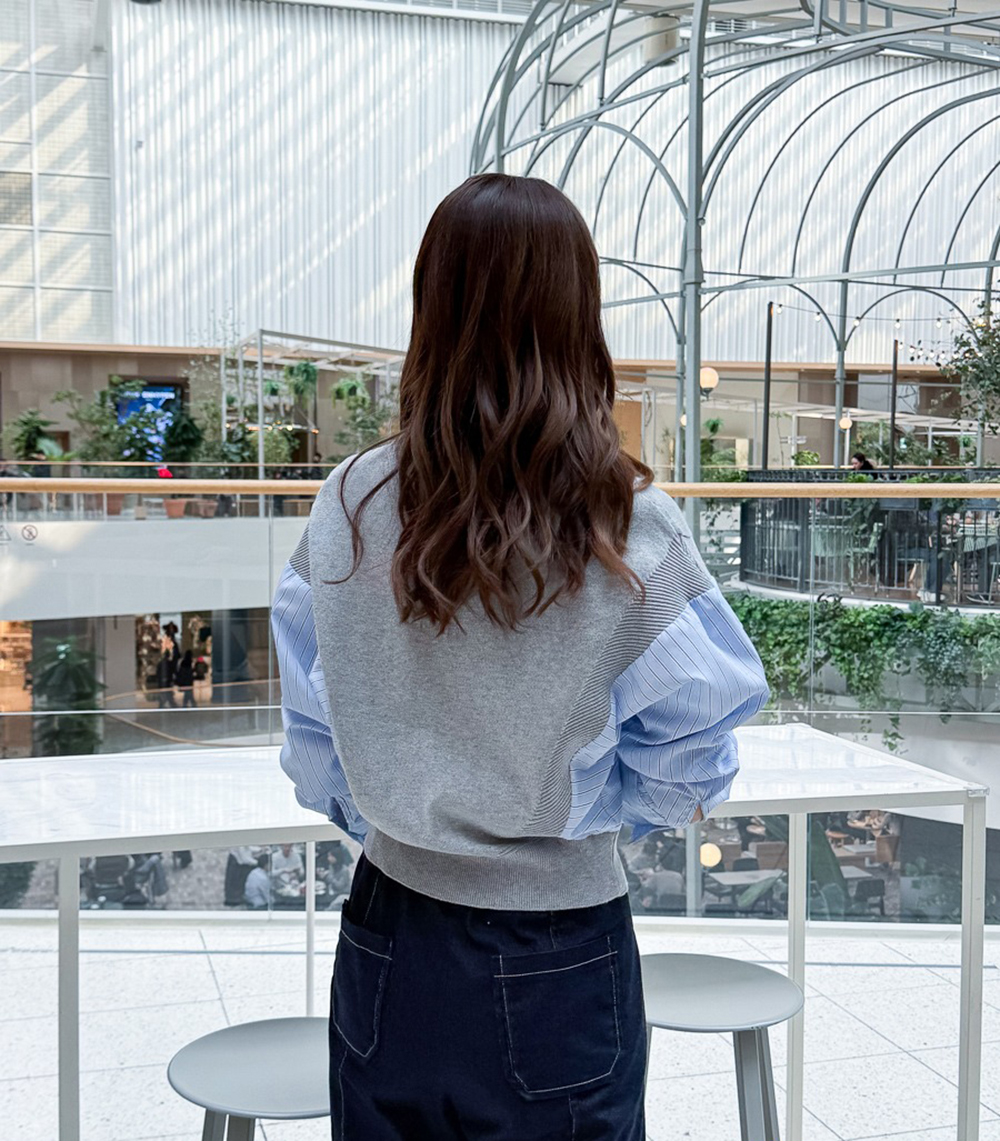 針織拼接設計開襟上衣,KOREA,355319,針織拼接設計開襟上衣,領500,999免運