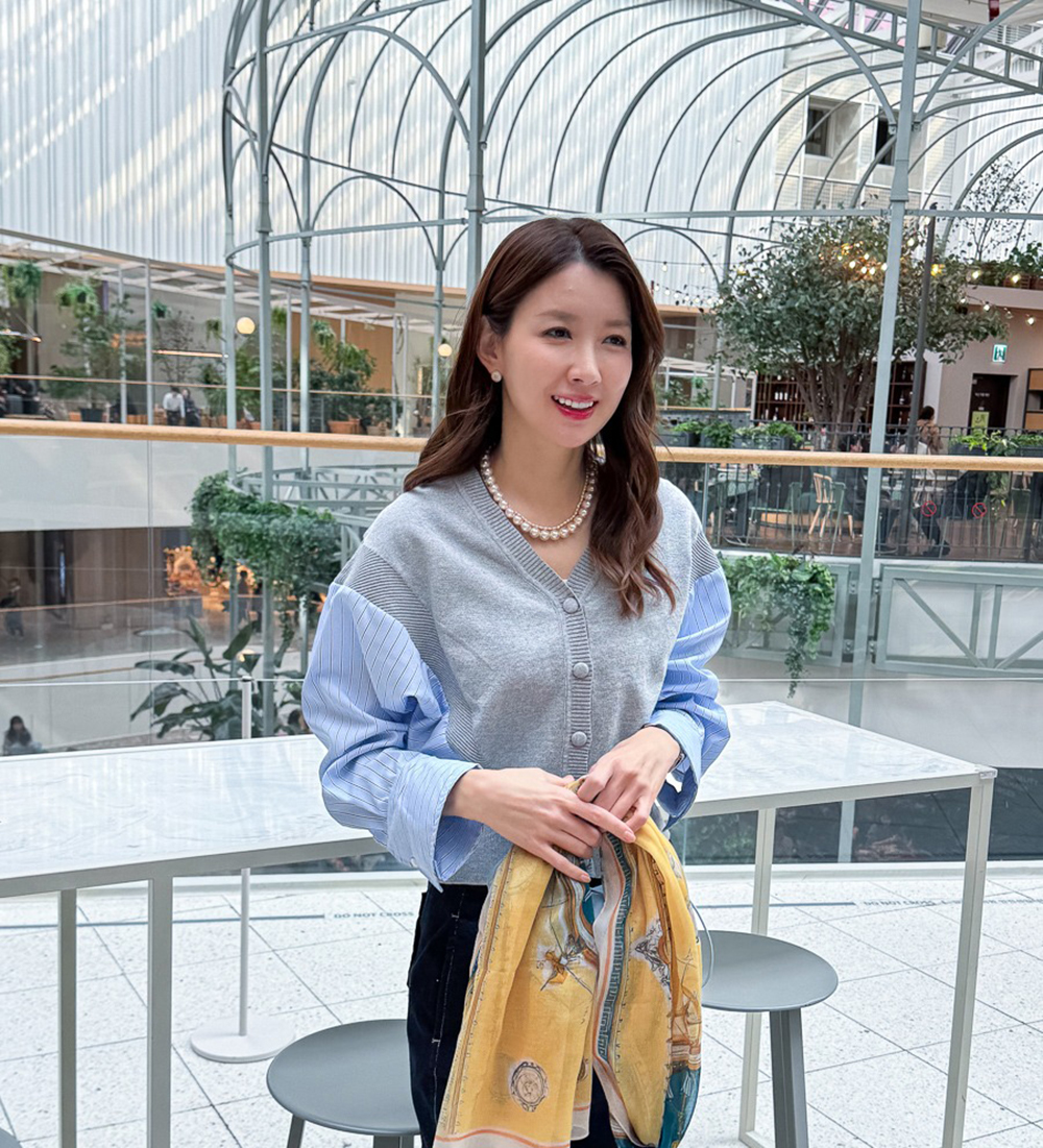 針織拼接設計開襟上衣,KOREA,355319,針織拼接設計開襟上衣,領500,999免運