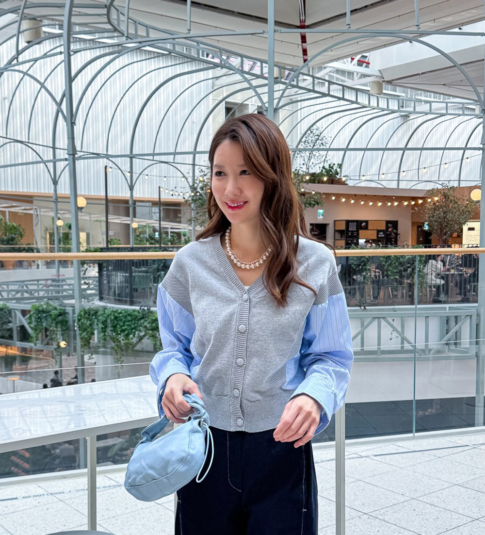 針織拼接設計開襟上衣,KOREA,355319,針織拼接設計開襟上衣,領500,999免運