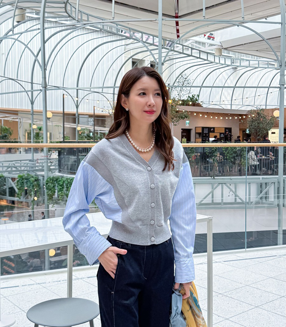 針織拼接設計開襟上衣,KOREA,355319,針織拼接設計開襟上衣,領500,999免運