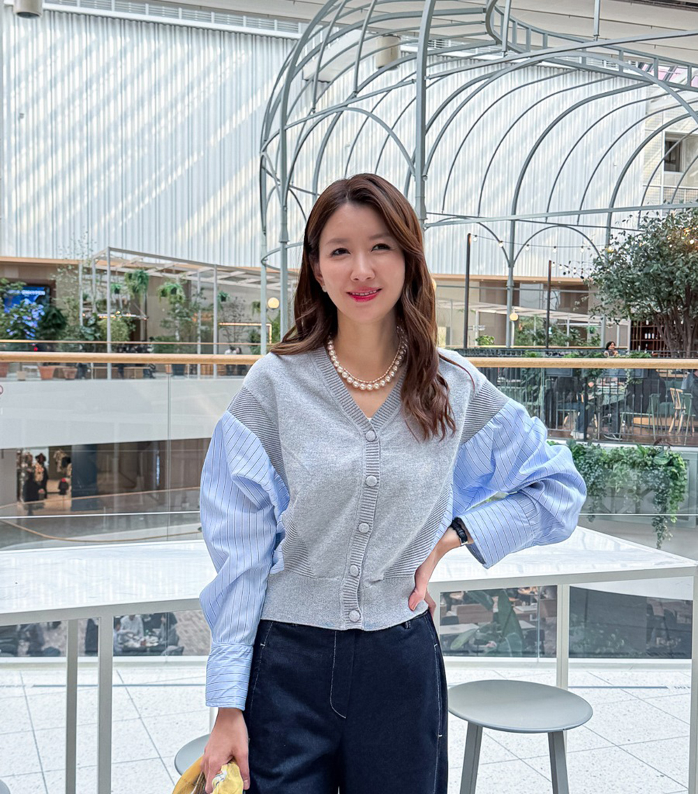 針織拼接設計開襟上衣,KOREA,355319,針織拼接設計開襟上衣,領500,999免運