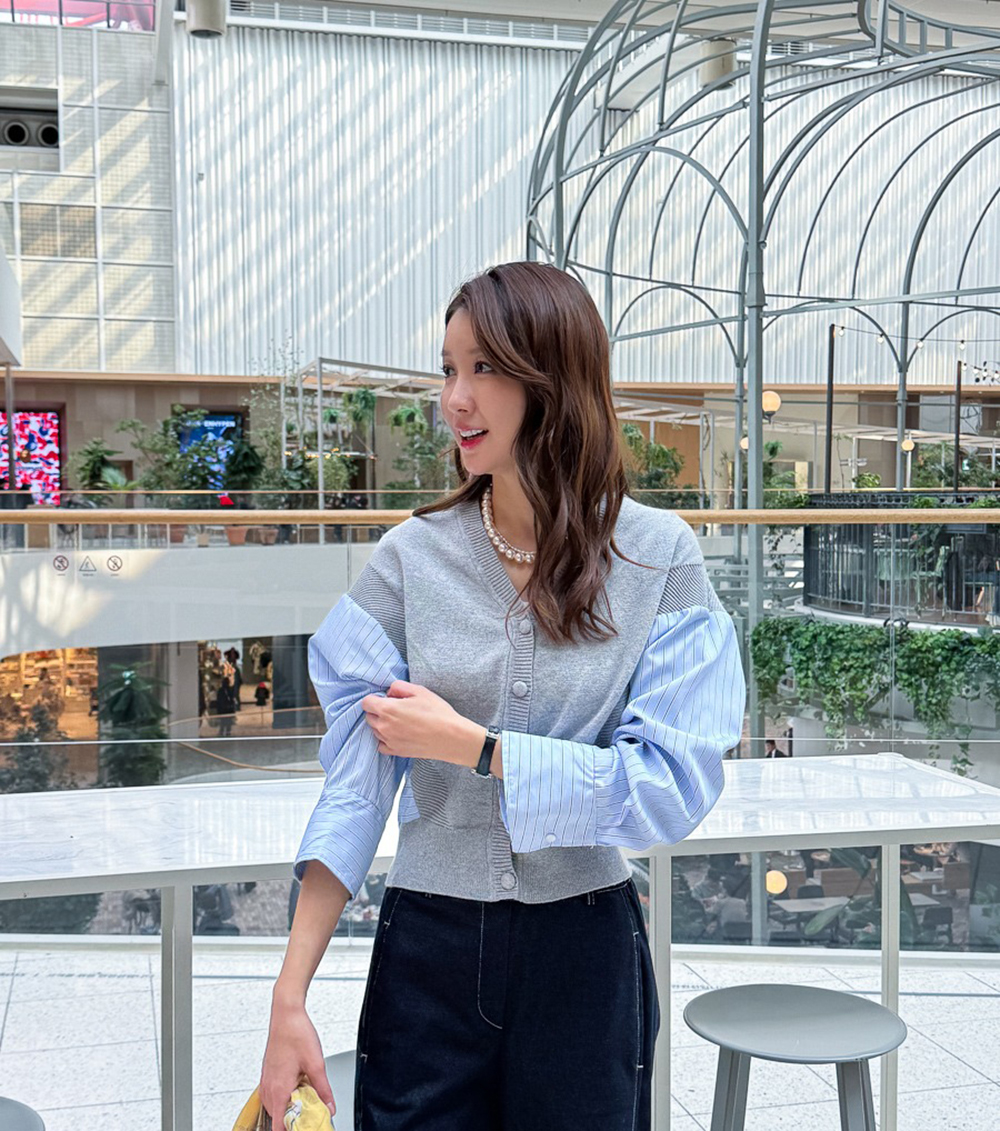 針織拼接設計開襟上衣,KOREA,355319,針織拼接設計開襟上衣,領500,999免運