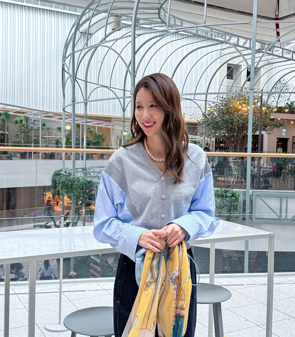 針織拼接設計開襟上衣,KOREA,355319,針織拼接設計開襟上衣,領500,999免運