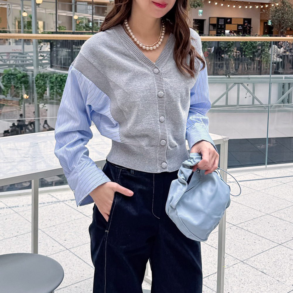 針織拼接設計開襟上衣