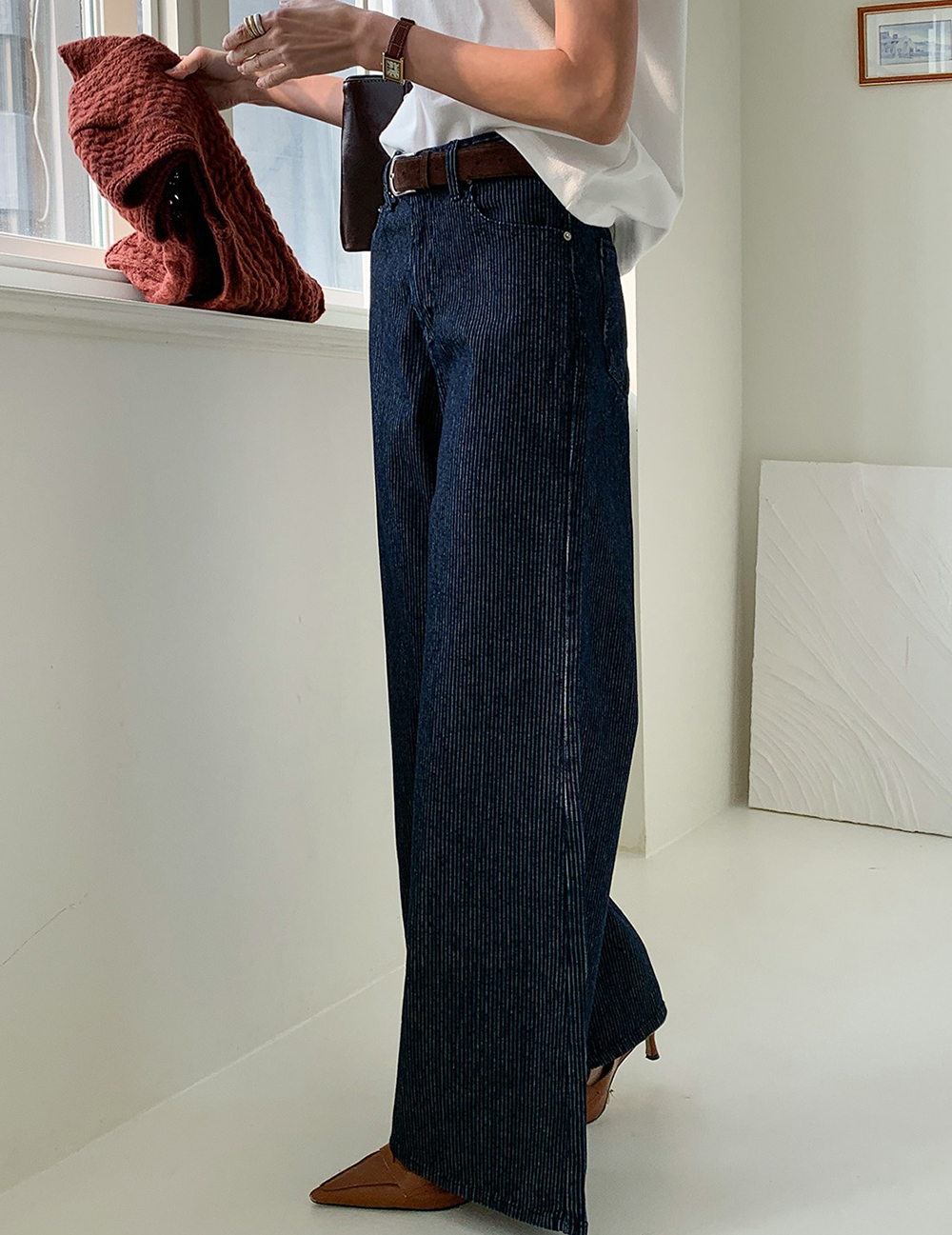 質感細條紋直筒牛仔褲,KOREA,355337,質感細條紋直筒牛仔褲,領500,999免運