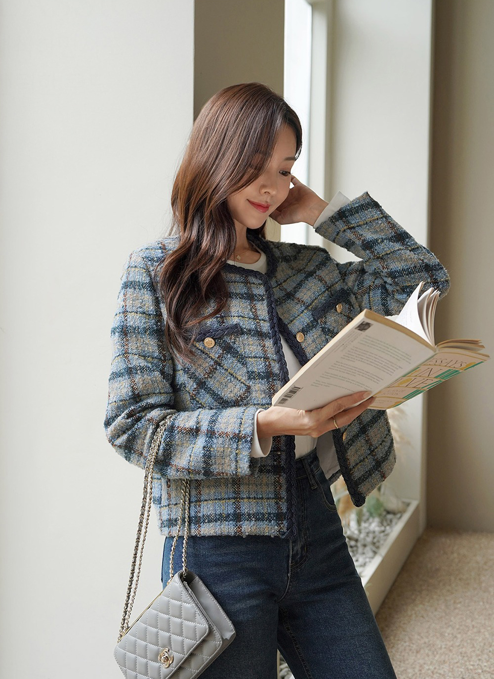 格紋撞色粗花呢外套,KOREA,355458,格紋撞色粗花呢外套,領500,999免運