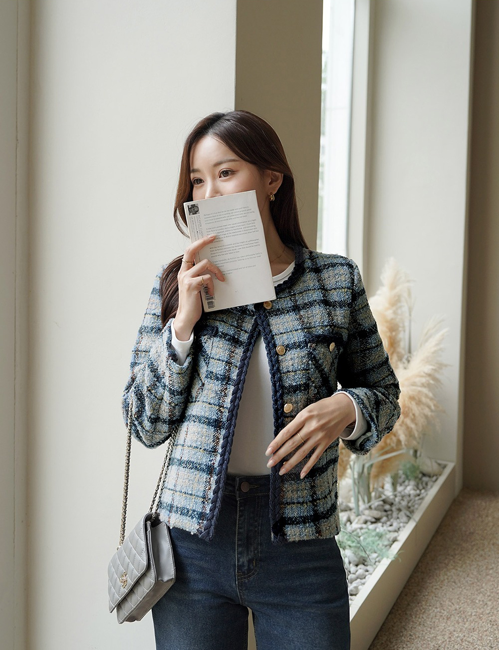 格紋撞色粗花呢外套,KOREA,355458,格紋撞色粗花呢外套,領500,999免運