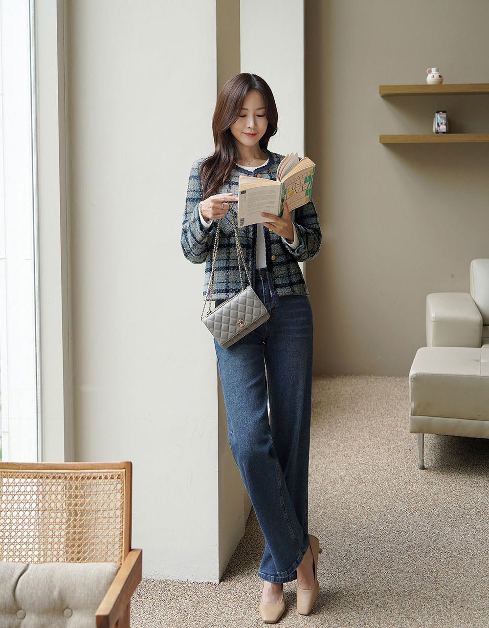 格紋撞色粗花呢外套,KOREA,355458,格紋撞色粗花呢外套,領500,999免運