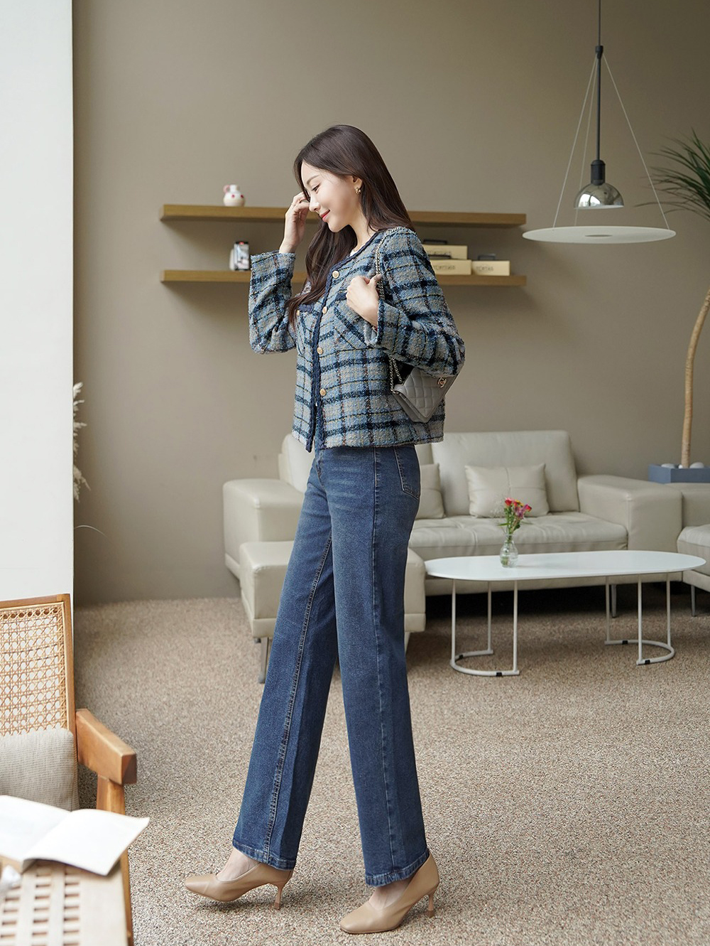 格紋撞色粗花呢外套,KOREA,355458,格紋撞色粗花呢外套,領500,999免運