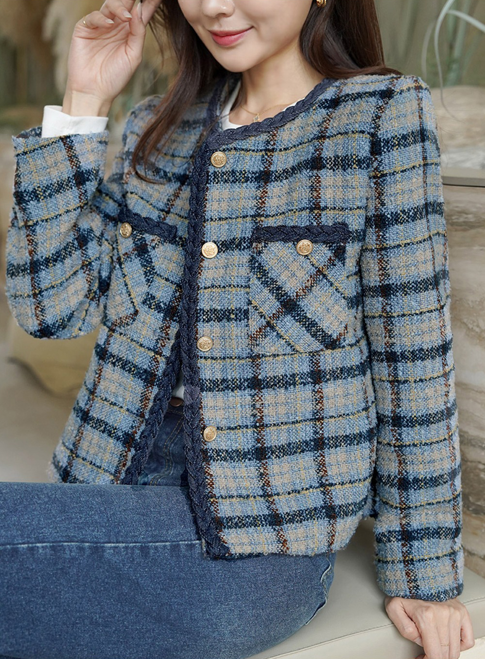 格紋撞色粗花呢外套,KOREA,355458,格紋撞色粗花呢外套,領500,999免運