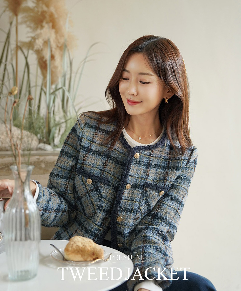 格紋撞色粗花呢外套,KOREA,355458,格紋撞色粗花呢外套,領500,999免運