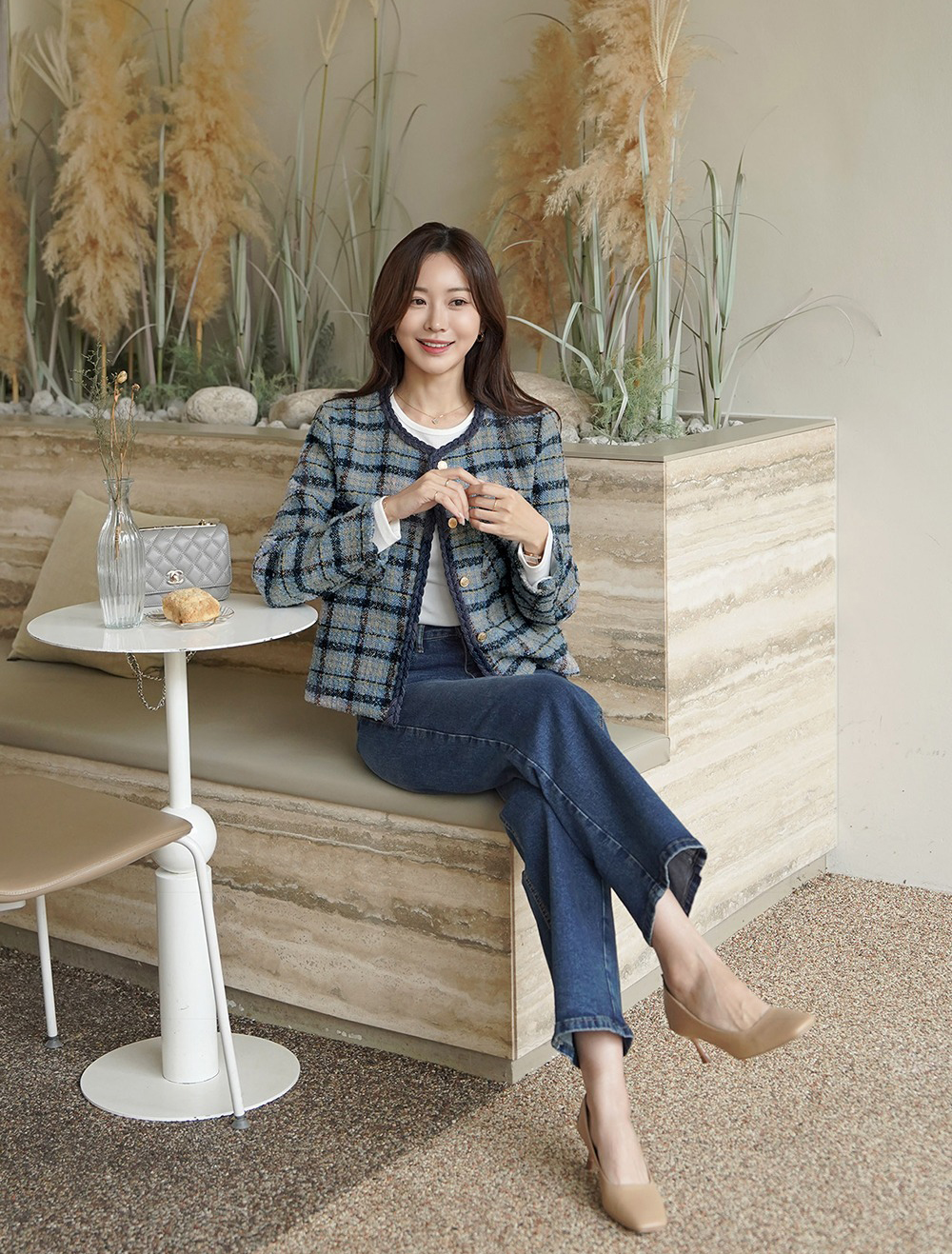 格紋撞色粗花呢外套,KOREA,355458,格紋撞色粗花呢外套,領500,999免運