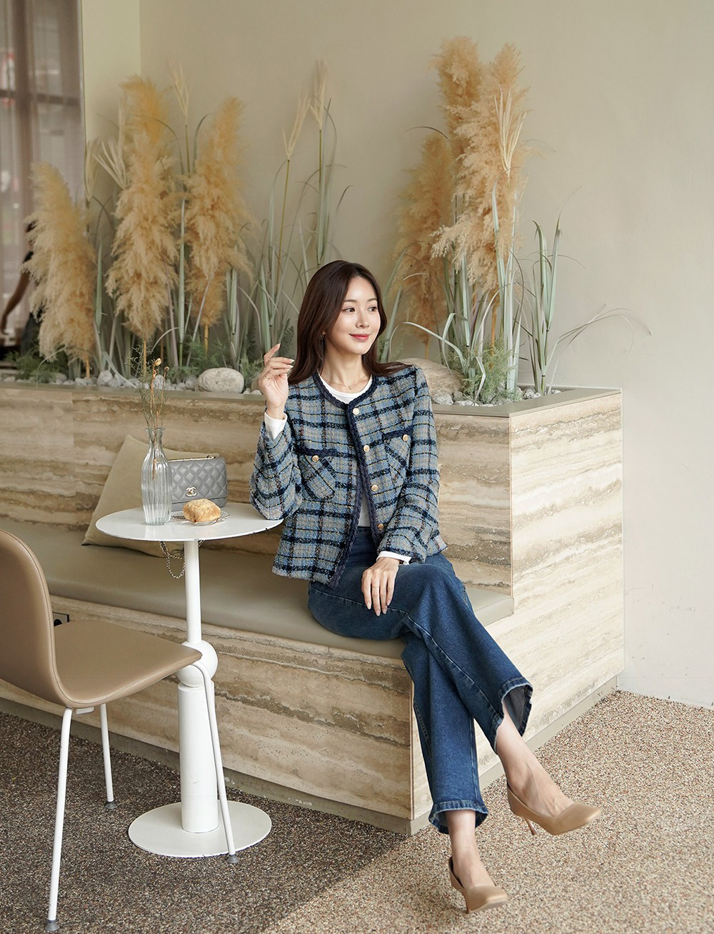 格紋撞色粗花呢外套,KOREA,355458,格紋撞色粗花呢外套,領500,999免運