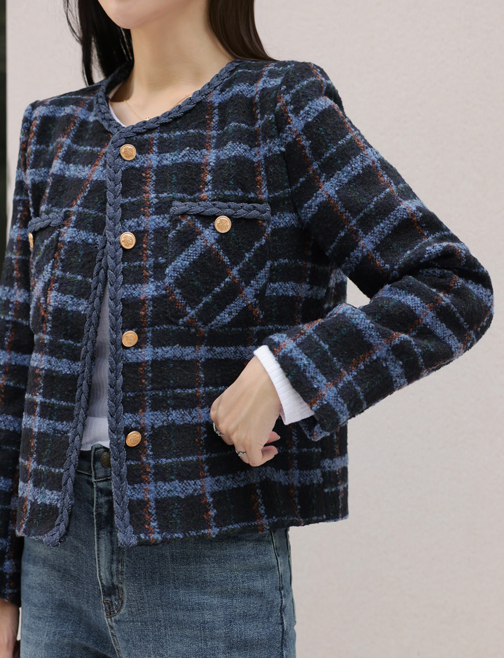 格紋撞色粗花呢外套,KOREA,355458,格紋撞色粗花呢外套,領500,999免運