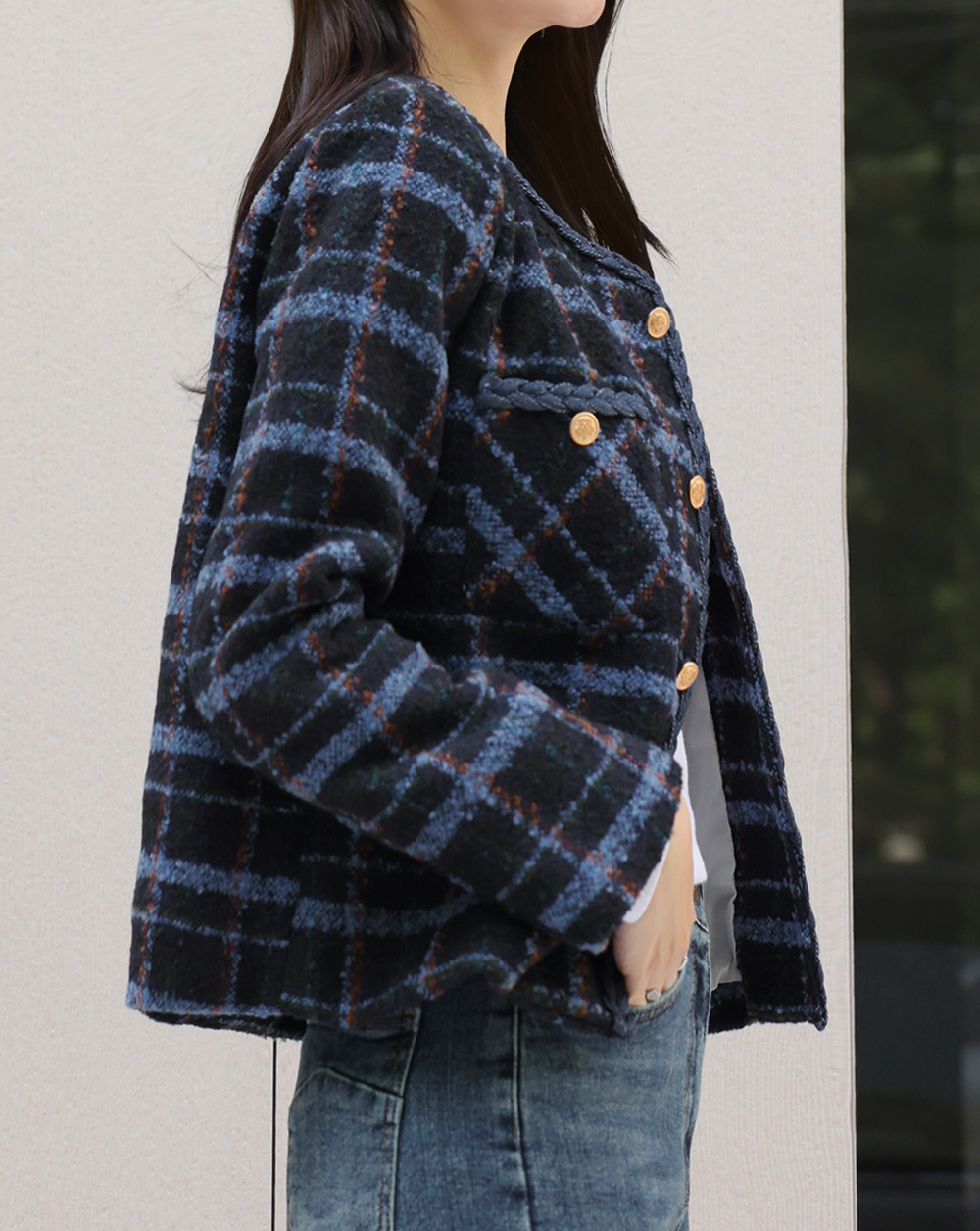 格紋撞色粗花呢外套,KOREA,355458,格紋撞色粗花呢外套,領500,999免運