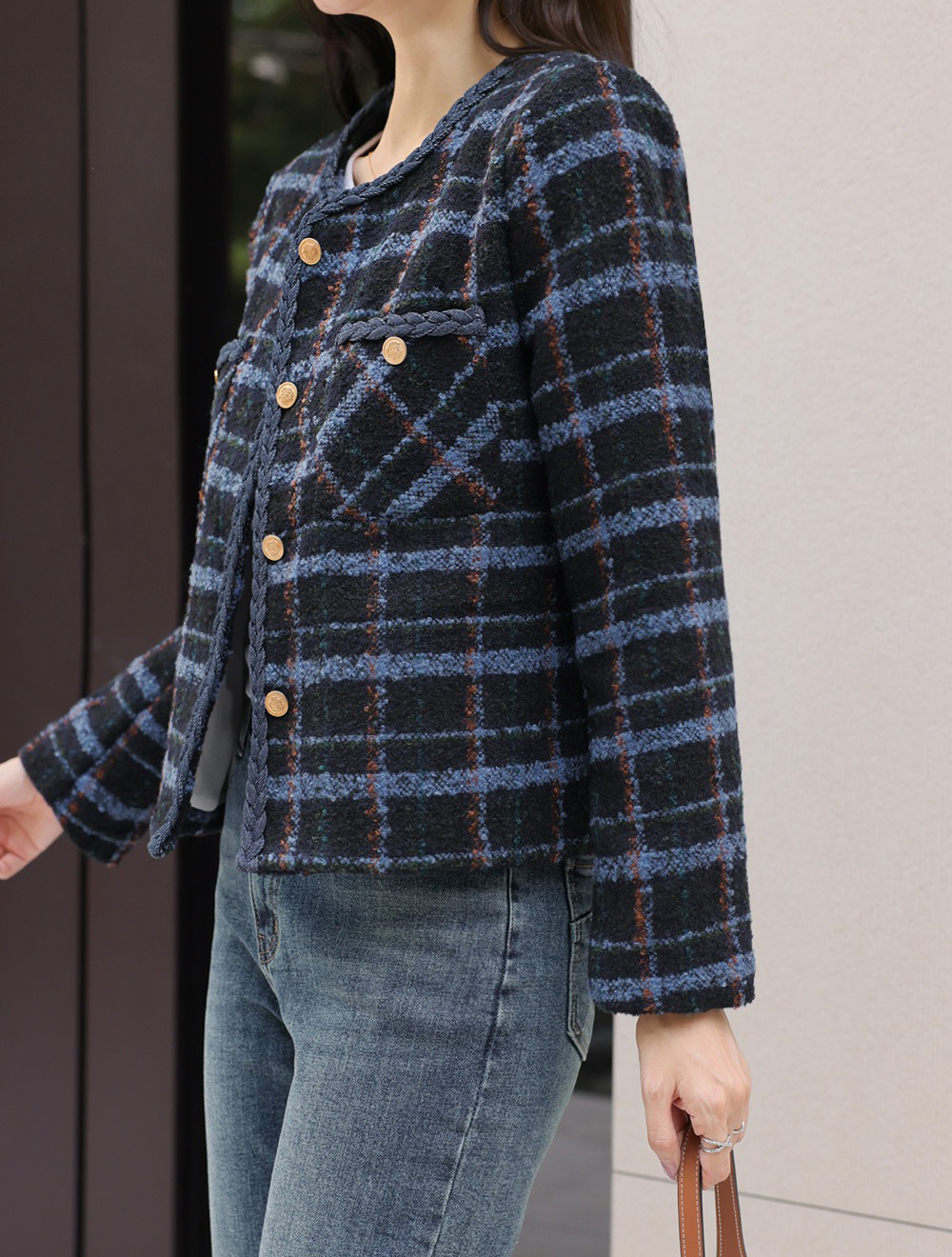 格紋撞色粗花呢外套,KOREA,355458,格紋撞色粗花呢外套,領500,999免運