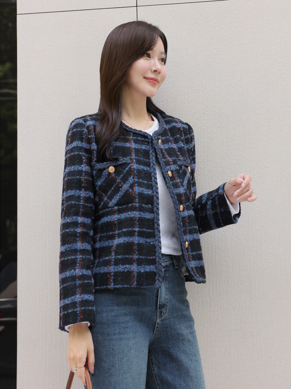 格紋撞色粗花呢外套,KOREA,355458,格紋撞色粗花呢外套,領500,999免運