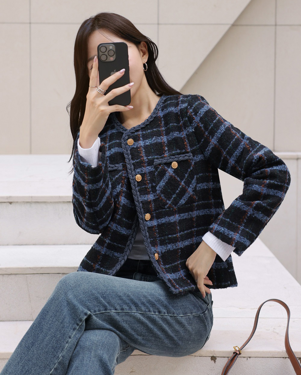 格紋撞色粗花呢外套,KOREA,355458,格紋撞色粗花呢外套,領500,999免運