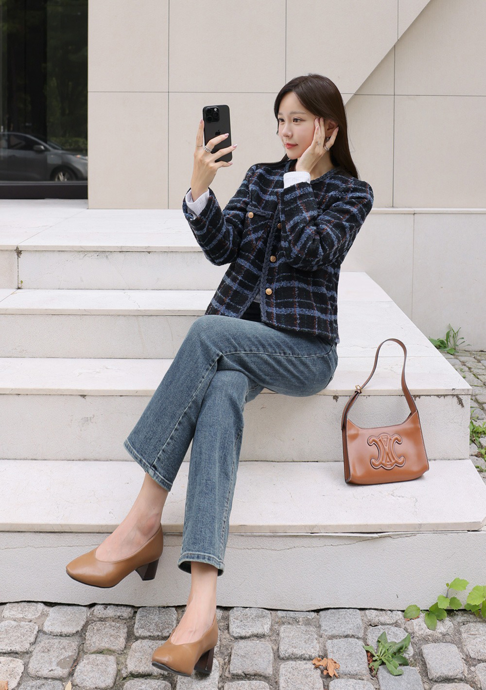 格紋撞色粗花呢外套,KOREA,355458,格紋撞色粗花呢外套,領500,999免運