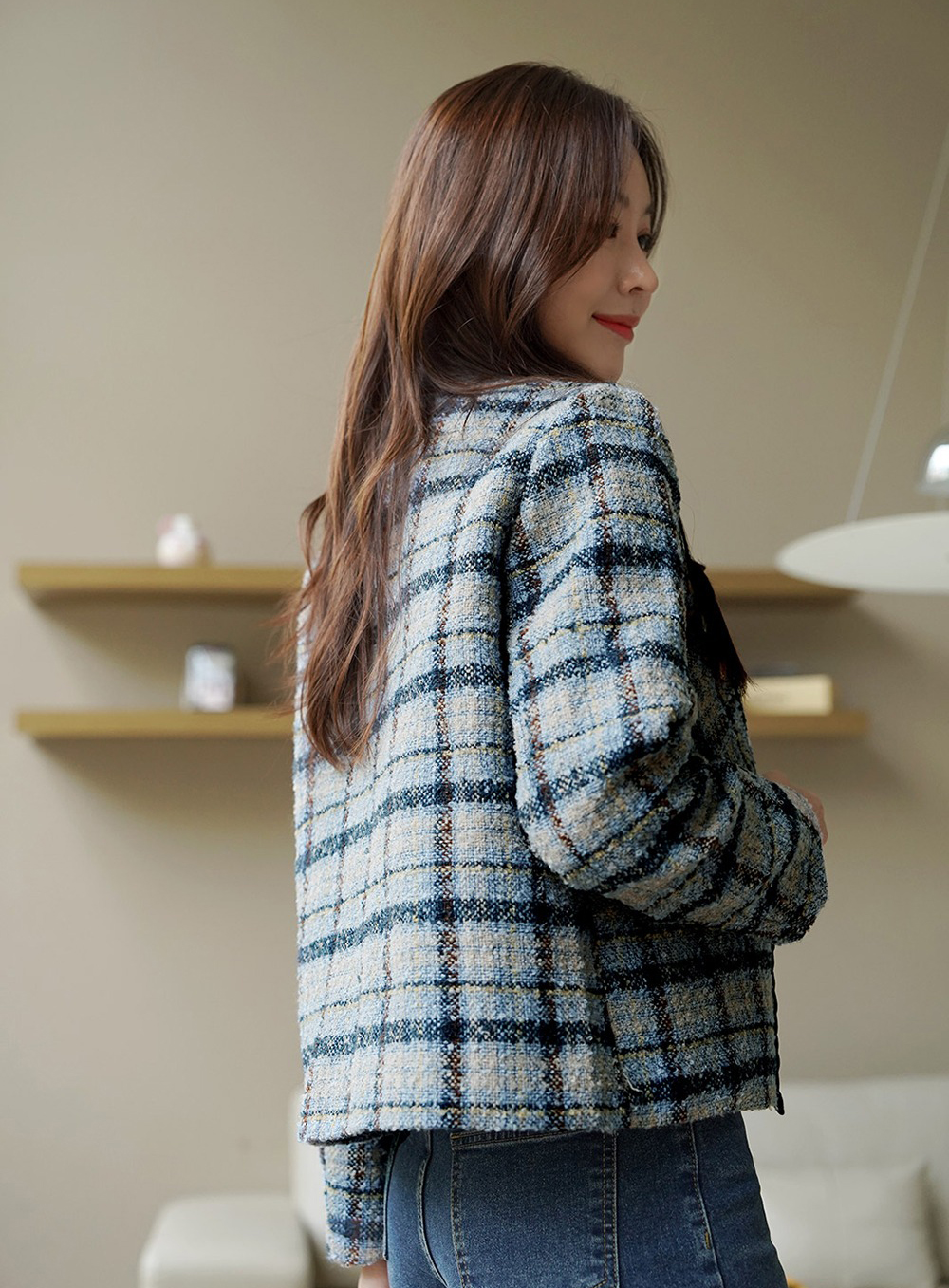 格紋撞色粗花呢外套,KOREA,355458,格紋撞色粗花呢外套,領500,999免運